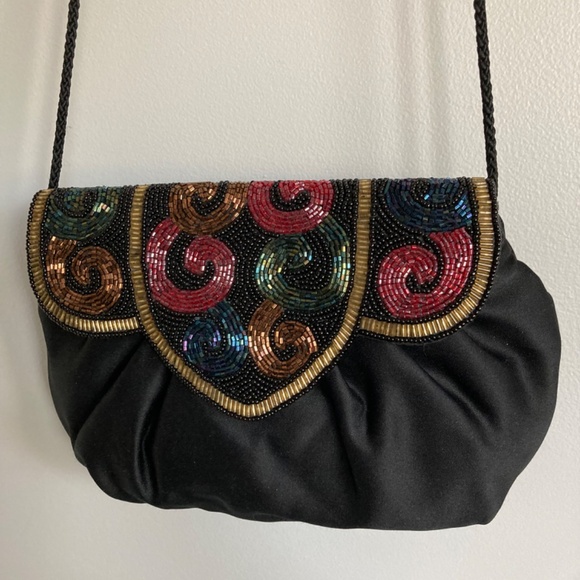 1990s Beaded Black Evening  Bag with Cord Shoulder Strap - Picture 6 of 6